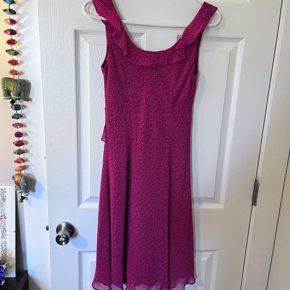 Ann Taylor Petites, Ruffle Tank, Midi Shift Pink Print Silk Dress, 6P - Picture 3 of 6
